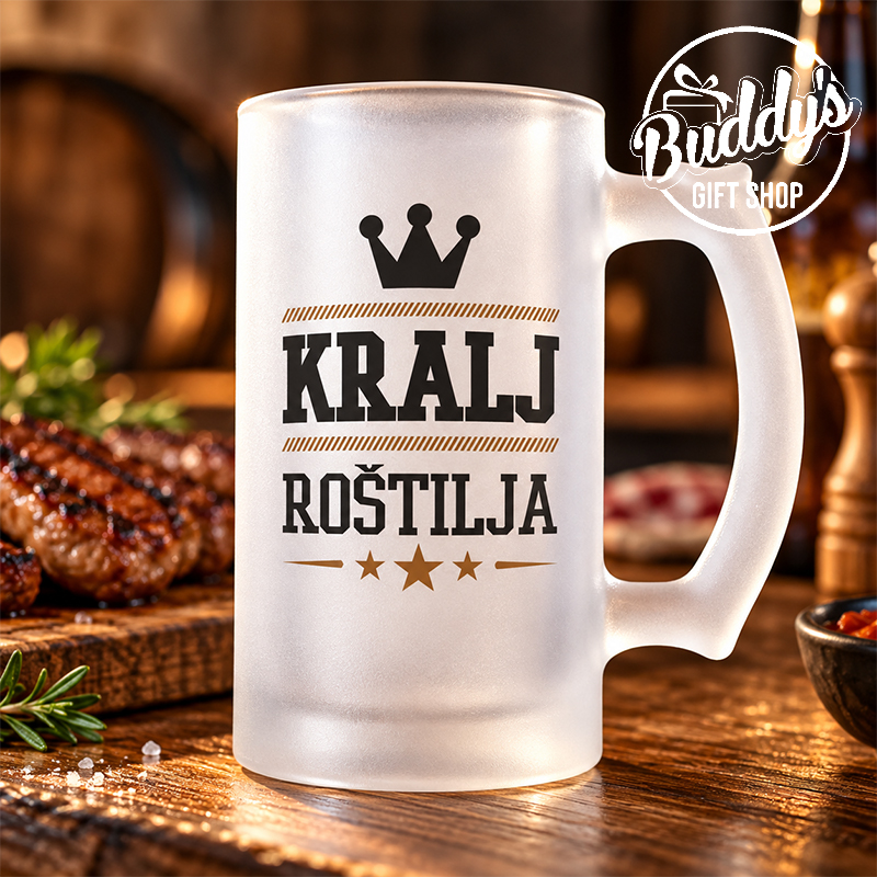 Staklena krigla za pivo Kralj roštilja s motivom krune, 473 ml