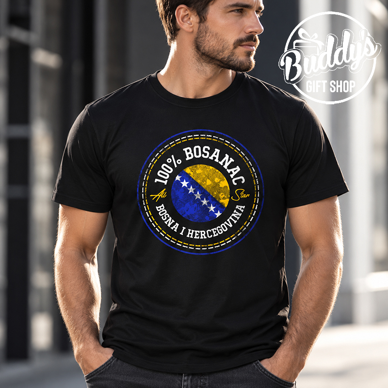 Crna muška majica 100% Bosanac s motivom zastave Bosne i Hercegovine