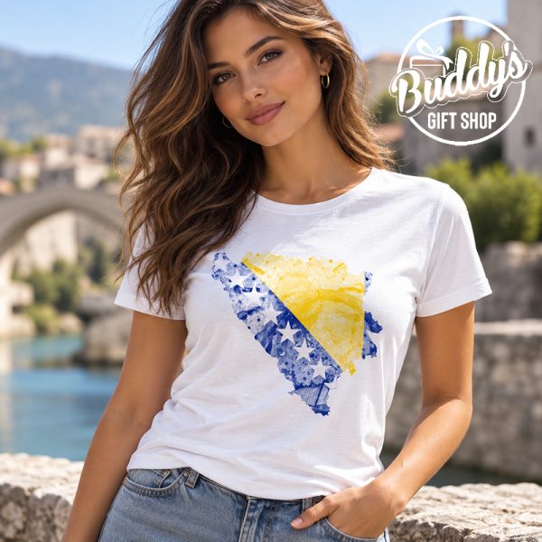 Bijela ženska majica s kartom BiH u bojama zastave