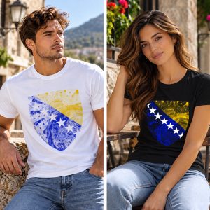 Muška bijela i ženska crna majica s motivom grba BiH
