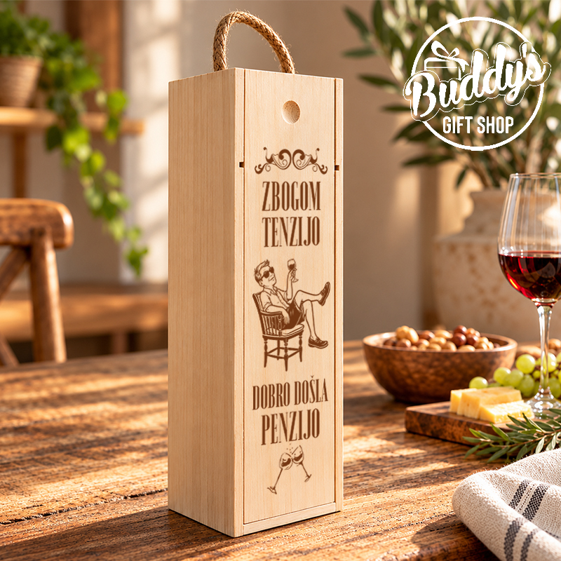 Drvena kutija za vino s ručkom i tekstom „Zbogom tenzijo, dobro došla penzijo“, originalan poklon za odlazak u penziju.